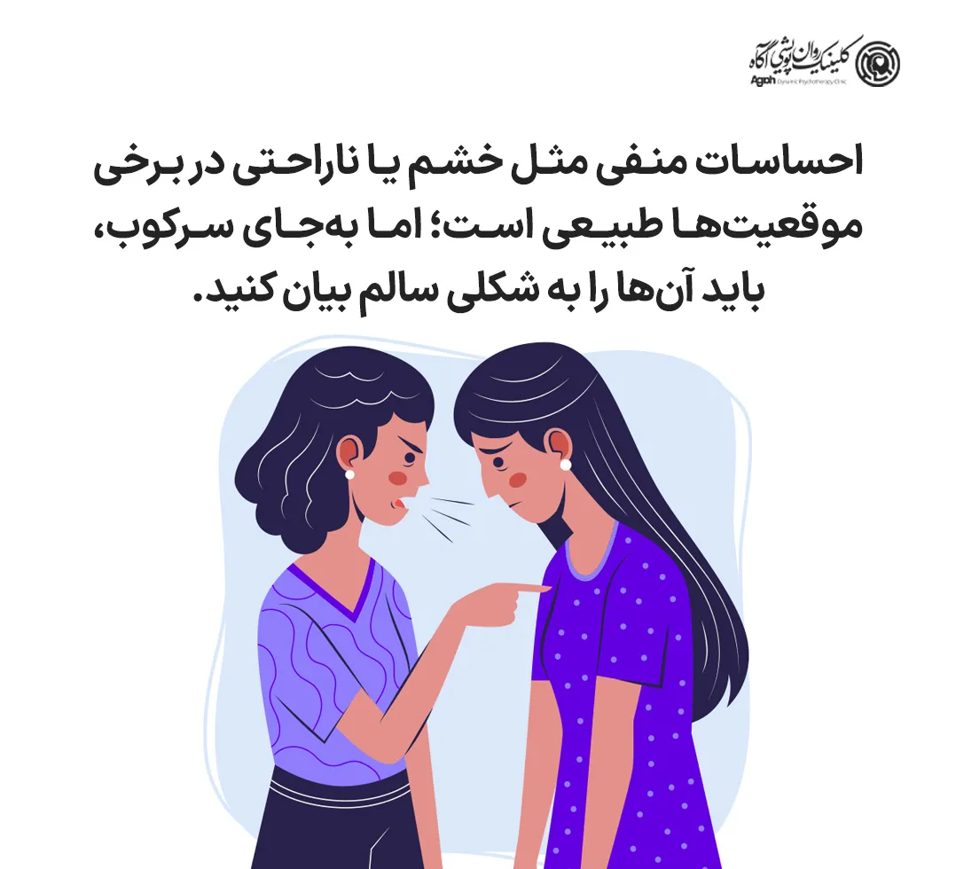 در مرحلۀ بعد بپذیرید که تجربۀ احساسات منفی مثل خشم یا ناراحتی در برخی موقعیتها طبیعی است؛ اما بهجای سرکوب، باید آنها را به شکلی سالم و امن بیان کنید.