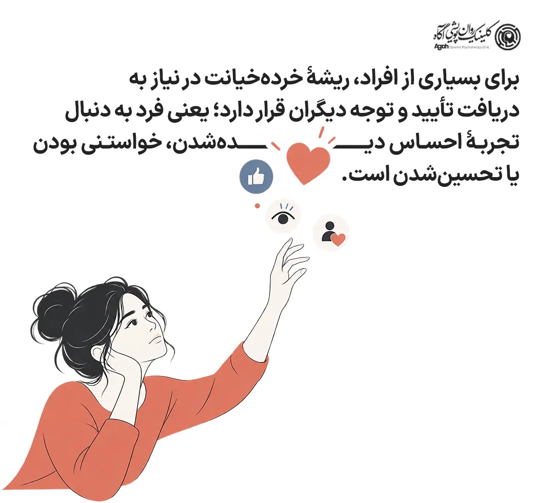 برای بسیاری از افراد، ریشۀ خردهخیانت در نیاز به دریافت تأیید و توجه دیگران قرار دارد؛ یعنی فرد به دنبال تجربۀ احساس دیدهشدن، خواستنی بودن یا تحسینشدن است.