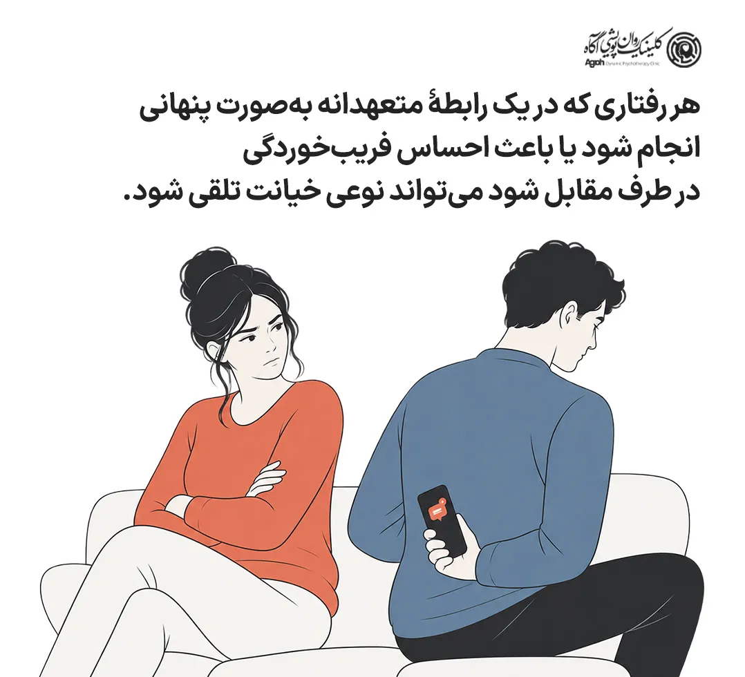 هر رفتاری که در یک رابطۀ متعهدانه بهصورت پنهانی انجام شود یا باعث احساس فریبخوردگی در طرف مقابل شود میتواند نوعی خیانت تلقی شود.