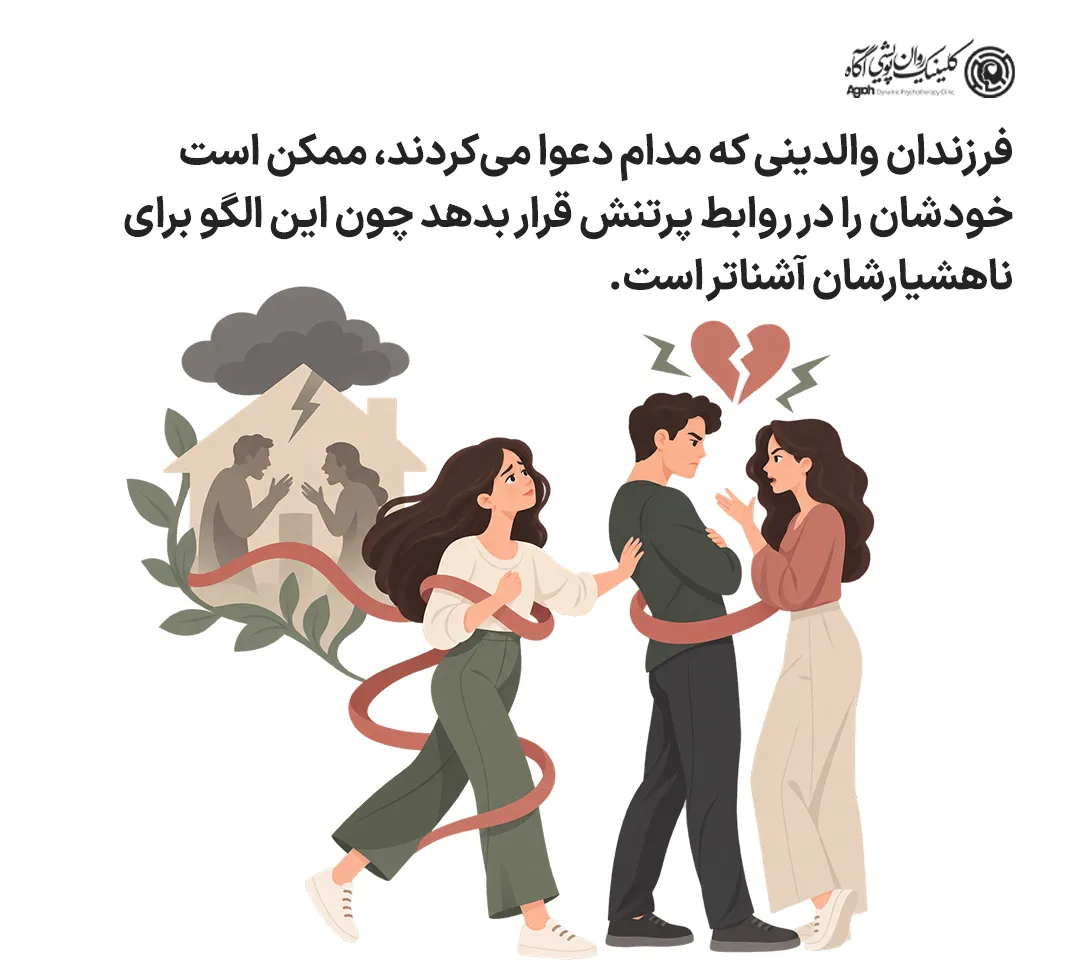 فرزند والدینی که مدام دعوا میکردند، ممکن است خودشان را در روابط پرتنش قرار بدهند، چون این الگو برای ناهشیارشان طبیعی است.